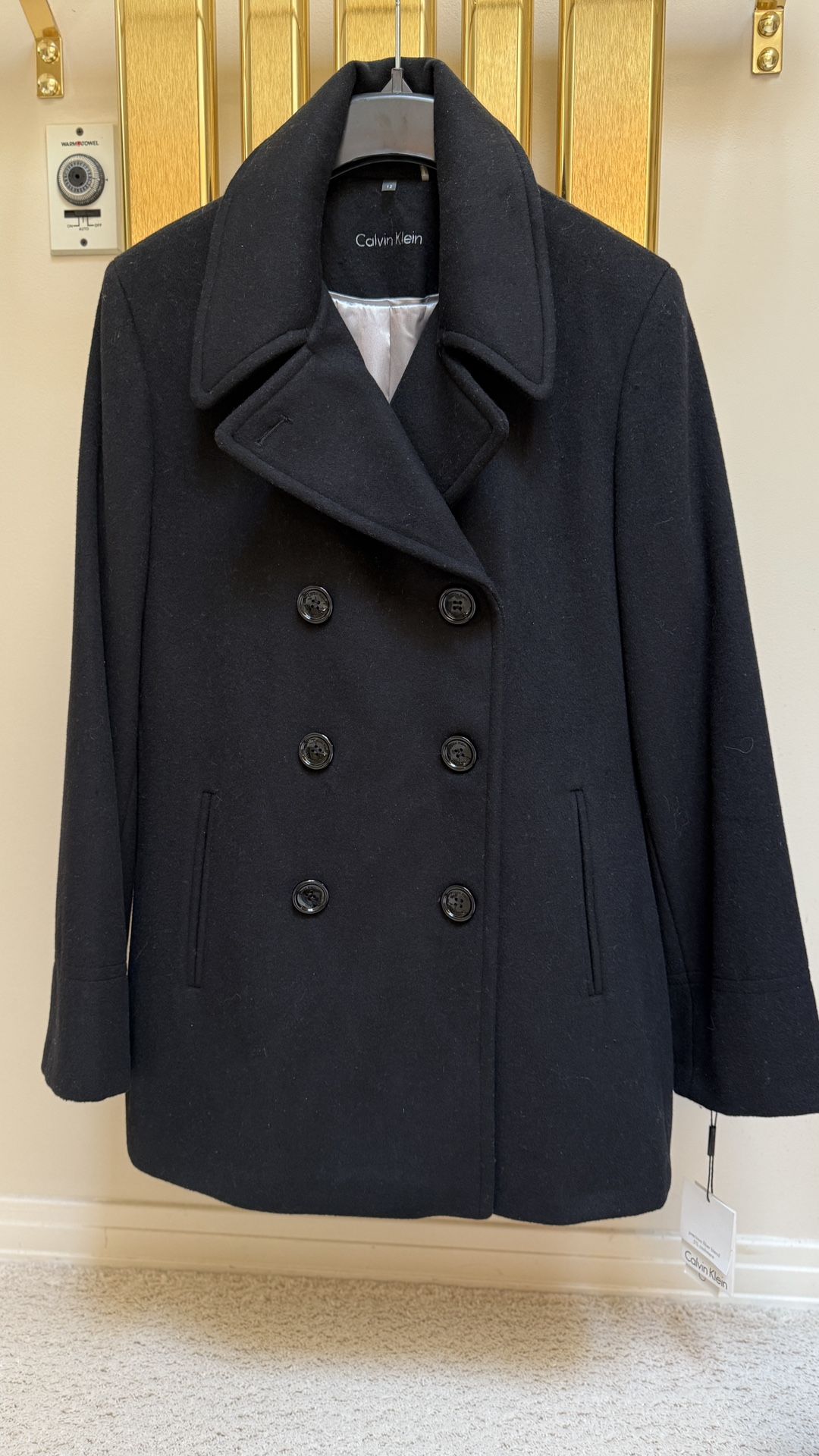 New  With Tags Calvin Klein Black Wool/Cashmere Pea Coat-Size 12