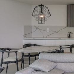 Black distressed wood frame dining chair with white linen fabric