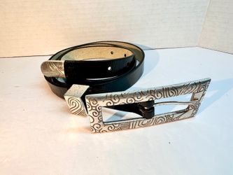 Skinny Black Belt Silver Ornate Buckle/ Chico's / Statement Belt Size L