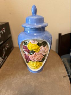Vintage 1986 JKN Hand-Painted Blue Ceramic Ginger Jar with Floral Relief & Lid – 15”