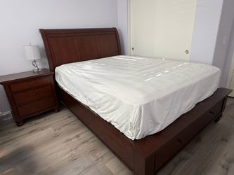 Aspenhome Queen Storage Sleigh Bed + Matching Nightstand + Aireloom Mattress