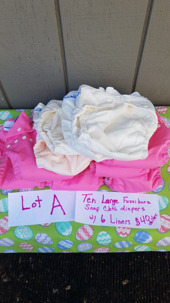 Ten Large Fuzzibum Cloth Diapers W/ Liners 