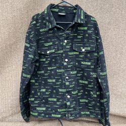 PLEASURES Mens Size Large Buttoned Black/Green Denim Jean Jacket