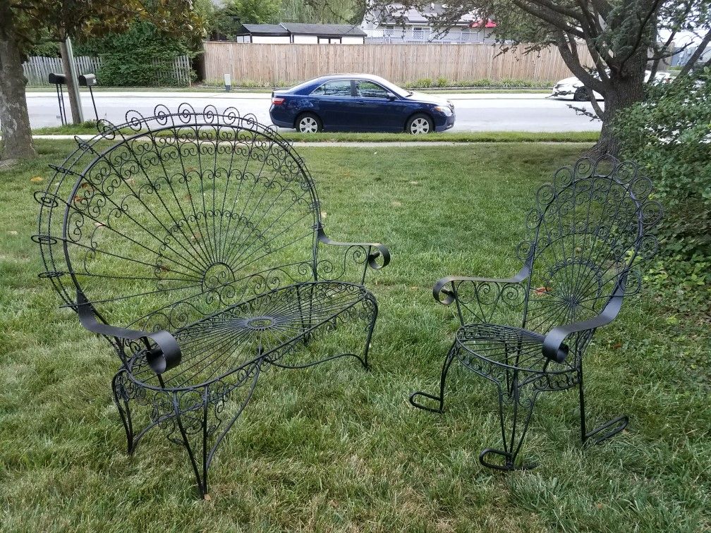 Antique Vintage Patio 2 Piece Set Peacock Wrought Iron Furniture Rocking Chair Bench Loveseat Settee Black Metal Outdoor Porch Victorian Style