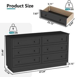 6 Drawer Dresser, Modern Black Drawer Chests with Power Outlet and Led Light, Wide Chest of Drawers for Storage and Organization for Bedroom, Living R