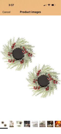 6 Pcs Christmas Candle Rings Wreaths, 10 Inch Flocked Candle Wreath with Artificial Berries Rosemary, Christmas Candle Holder Indoor Decor for Home Ki