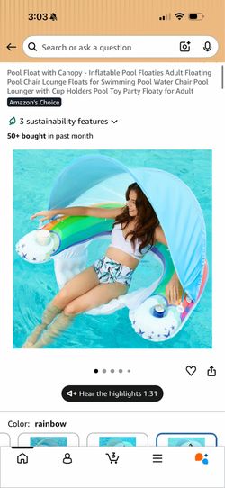 Pool Float with Canopy - Inflatable Pool Floaties Adult Floating Pool Chair Lounge Floats for Swimming Pool Water Chair Pool Lounger with Cup Holders 