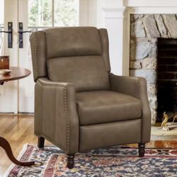 Lange 28in. W Grayish Brown Genuine Leather Nailhead Trim Recliner Armchair with Cushioned Back and Wooden Legs
