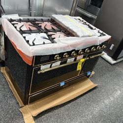 New Ilve Majestic II 48” Dual Fuel Range Stove Black With Brass Trim 