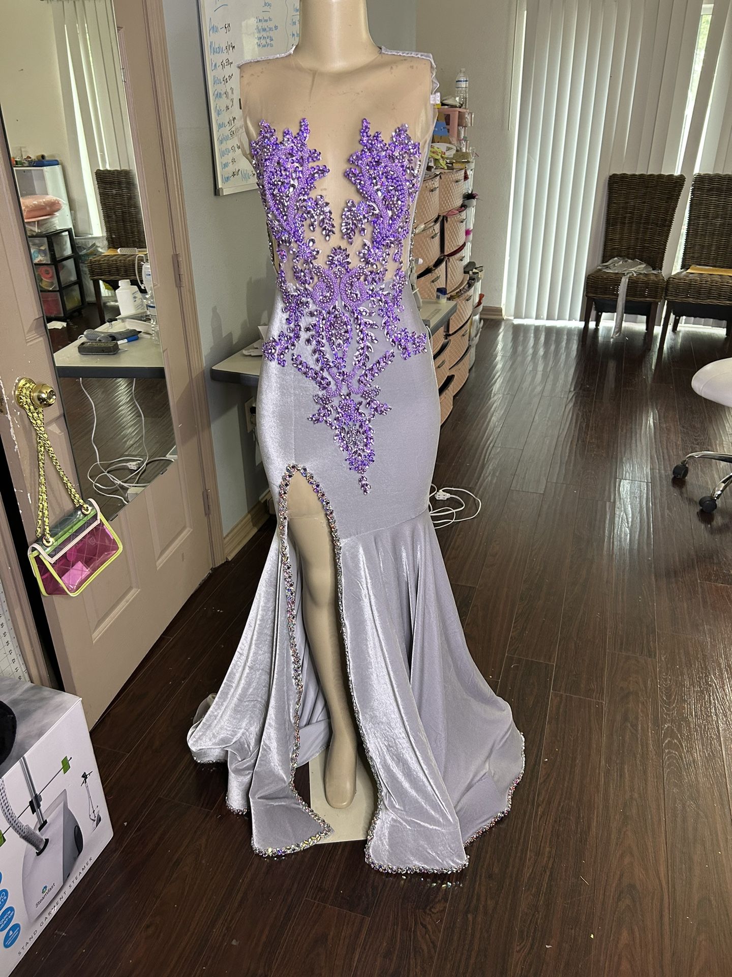 Grey and lavender Velvet with purple rhinestone and iridescent rhinestones Prom Dress  