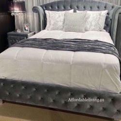 Queen Grey Velvet Bed Frame Brand New In Box 