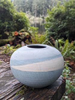 Beautiful vintage blue and white studio art pottery stoneware round vase signed "M"