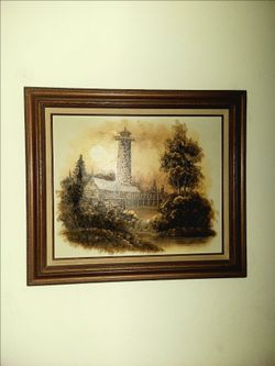 Framed Landscape Painting with Lighthouse