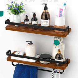 Avantru, Bathroom Floating Shelves, Bathroom Wall Shelves, 100% Solid Pinewood, Shelf with Towel Bar, Rustic Wall Shelves, for Kitchen, Bathroom, Set 