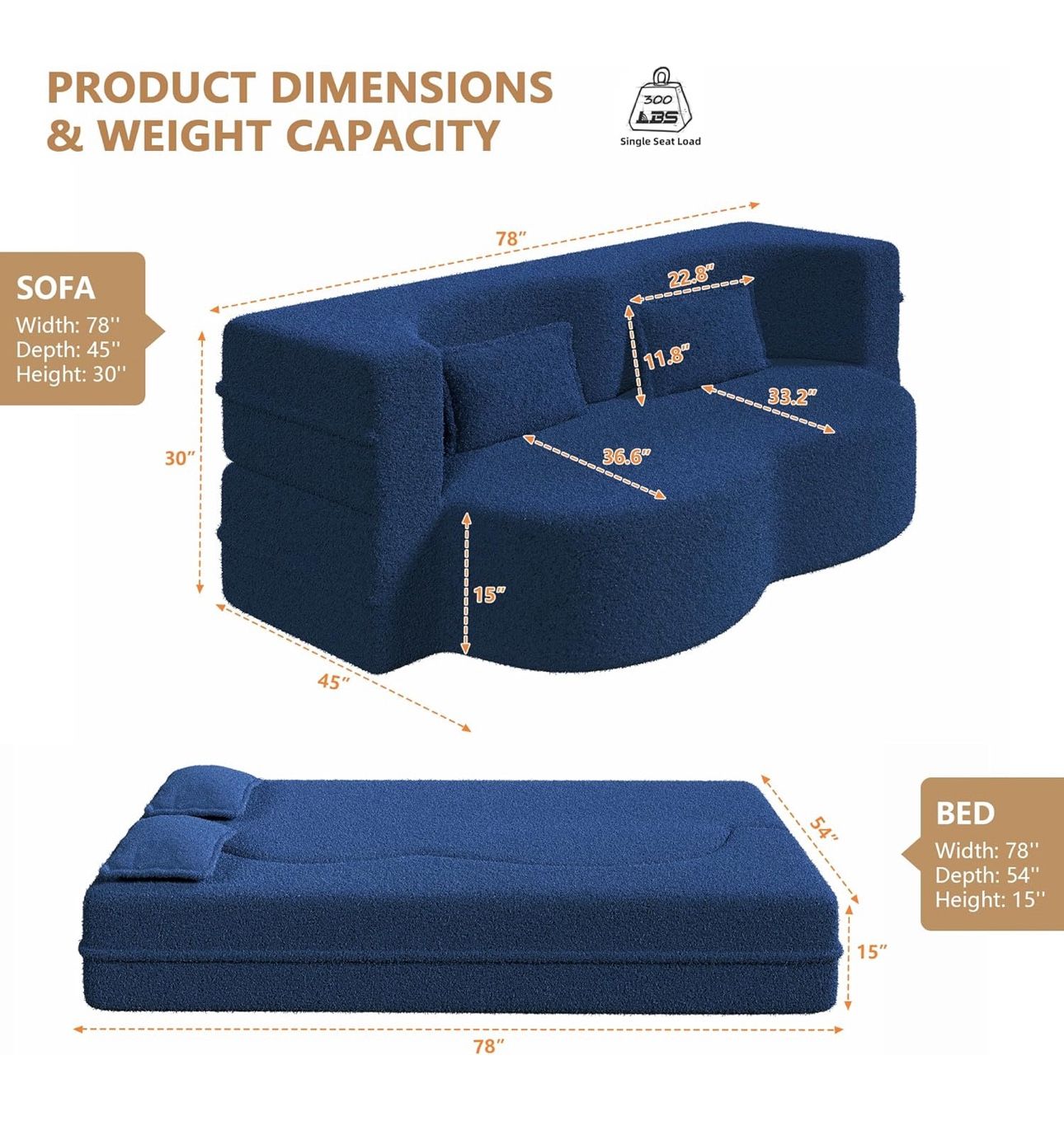 Folding Sofa Bed, 78” Convertible Sleeper Sofa with Pillows,