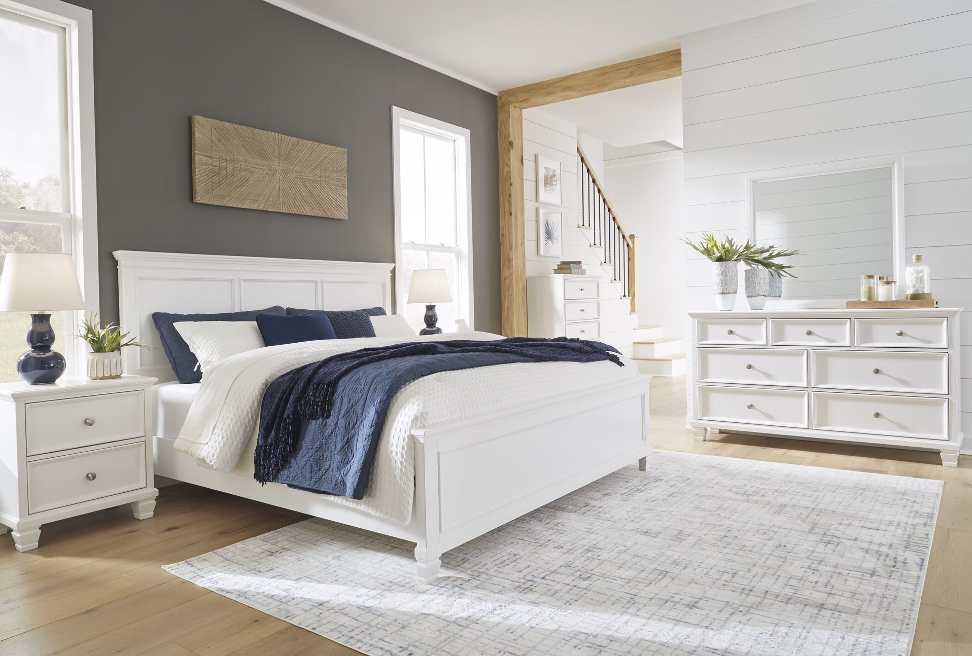4pc white Queen Panel Bed with Mirrored Dresser and Nightstand set by Ashley