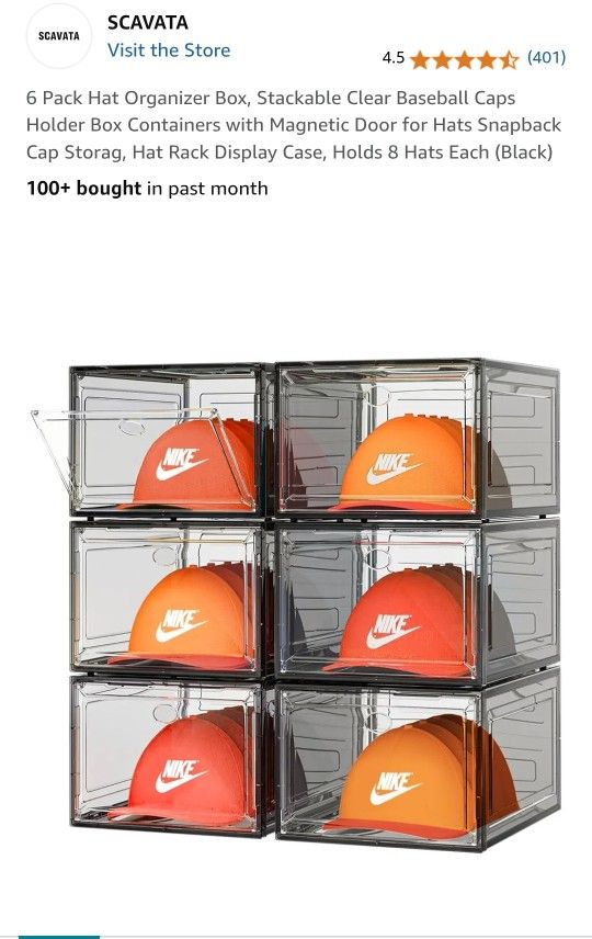 6 Pack Hat Organizer Box, Stackable Clear Baseball Caps Holder Box Containers