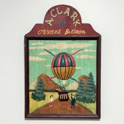 Vintage A Clark Ascent Hot Air Balloon Handmade Wooden Plaque Wall Decor