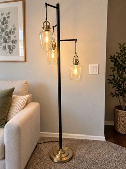 Modern 3-Light Floor Lamp – Glass Shades, Black & Brass Finish