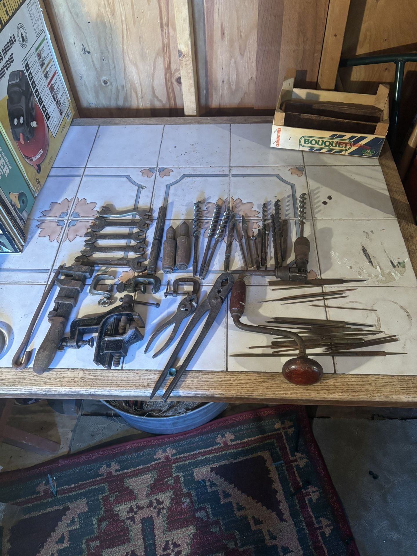 Antique Bench Vice, Ratchet Drill, Files And Clamps