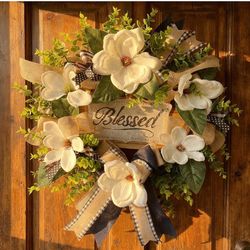 Magnolia Wreath for Front Door with Blessed Plaque & Buffalo Plaid Bow - 22 Inch Farmhouse Wreath for Spring Summer, Year Round Porch Decor, Housewarm