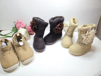 3 Pair Cozy Kids Boots - Brown and Tan Suede Warm Baby Girl Boots. Winter Boots