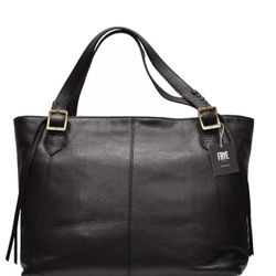 FRYE Caelan Black Pebbled Leather Shoulder Strap Buckle Top Zip Tote Bag 