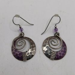 Silver Forest Earrings Dangle Made in USA Silver Purple Spiral w/Bead