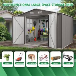 10x12FT Outdoor Storage Shed Large Metal Garden Shed with Double Door Two Window Waterproof Tool Shed for Backyard Patio Lawn Poolside ,Grey