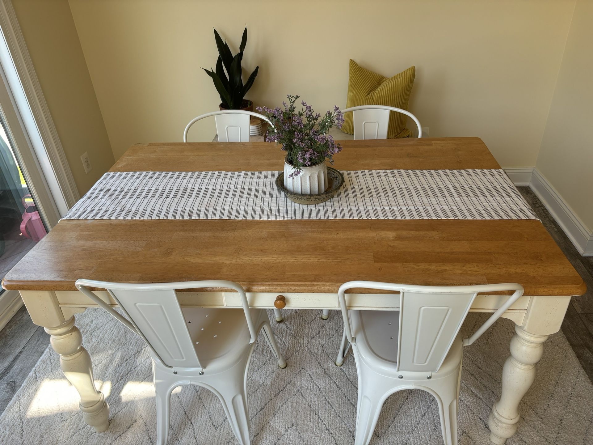 Farmhouse Dining Table with 4 Metal Dining Chairs and Hearth & Hand Table Runner