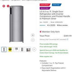 LG 6.0 cu. ft. Single Door Refrigerator with Inverter Compressor and Pocket Handle in Platinum Silver