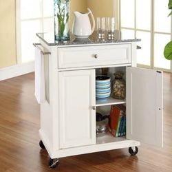 Rolling White Kitchen Cart with Granite Top