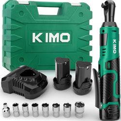 KIMO Cordless Electric Ratchet Wrench Set, 40Ft-lbs, 400RPM, 12V Cordless Ratchet Wrench 3/8" w/Variable Speed Trigger, 7Sockets, 1/4" Adapter, Forwar