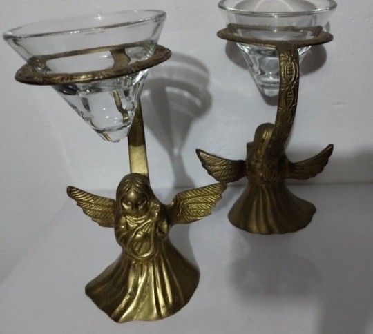 VINTAGE BRASS - GLASS VOTIVE CANDLE HORDER SET OF 2/ 6"In