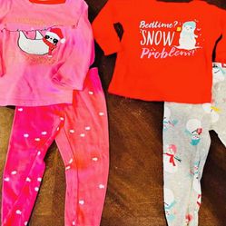 Two 12M Christmas Girl’s PJ’s; Long Sleeves & Pants; Pink with Sloth and Red & Gray with Snowmen