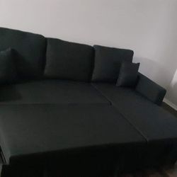 Black Linen Pull Out Sectional Sofa w/storage chaise