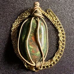 Copper-Wrapped Bloodstone Crystal Necklace With Gold Chain