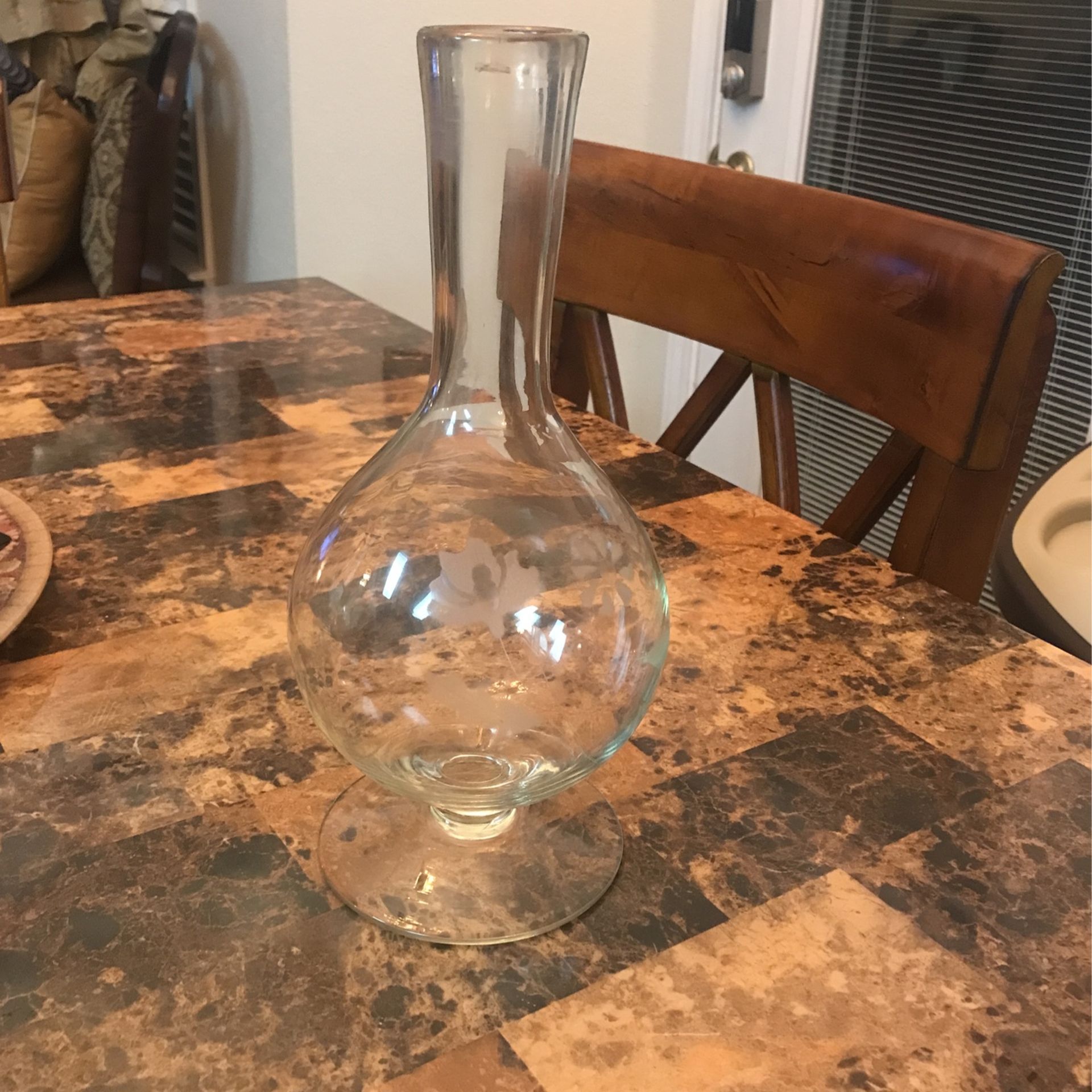 Vintage Footed Glass Decanter With Etched Floral Pattern