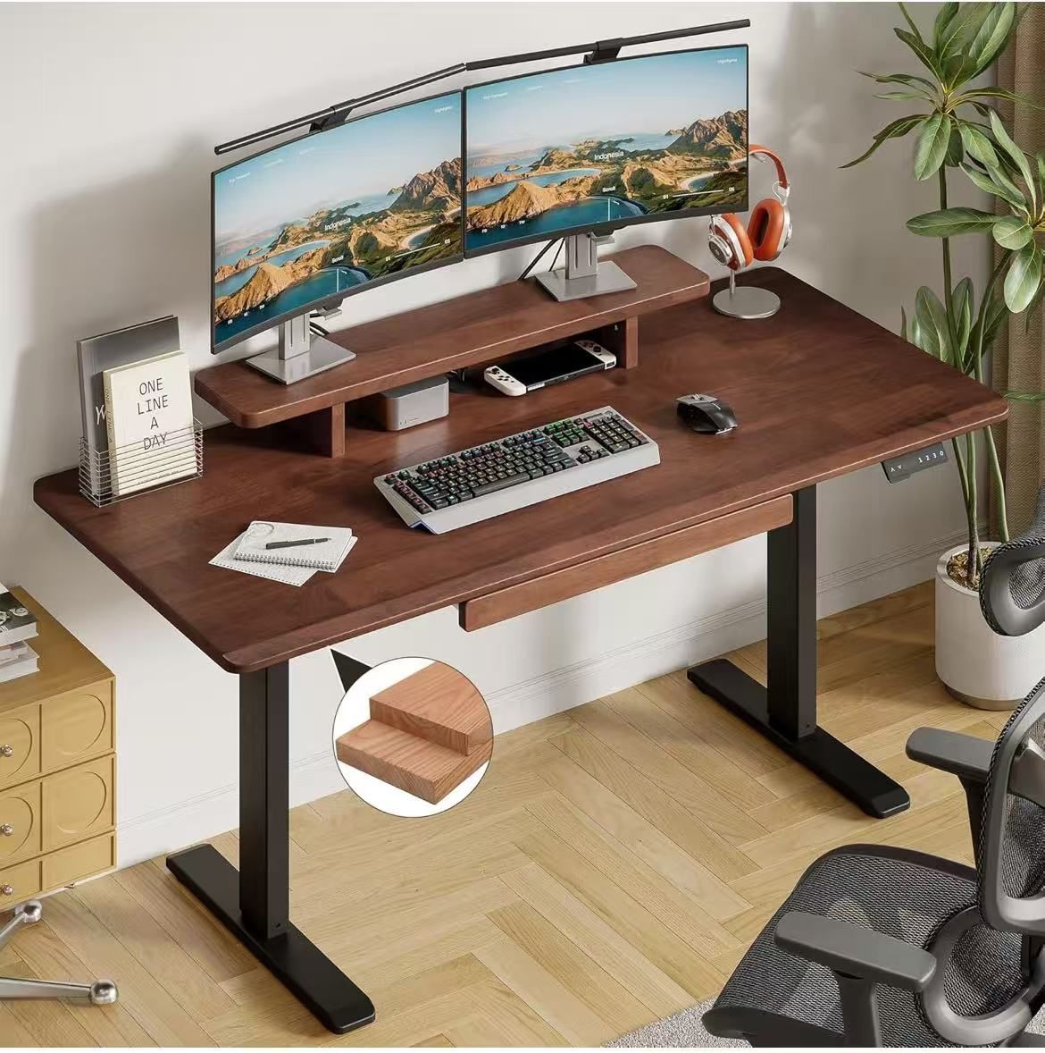 Standing desk with drawer, 55 x 23.6 inch solid wood desk with full piece board and storage shelf, adjustable height 28 to 46 inches for home $ 160