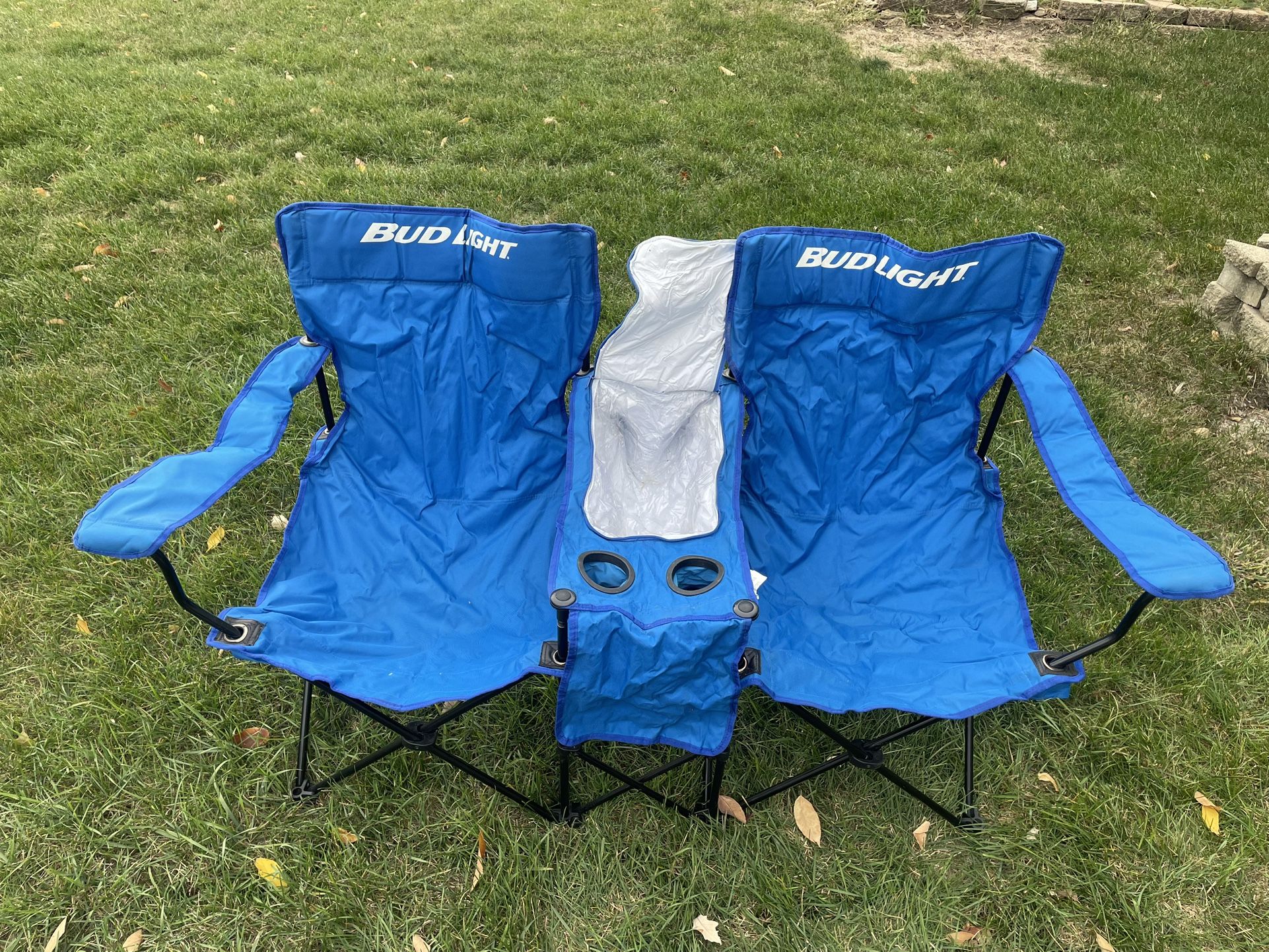 BUD LIGHT Two Person /Double Foldable Camping /Lawn Chairs with Cooler Bag & Cup Holders.