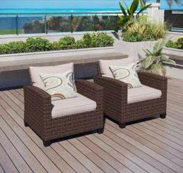 Dark Brown Rattan Wicker Outdoor Patio Lounge Chairs with Beige Cushions (2-Pack)