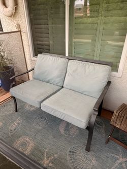 Patio Outdoor Love Seat Sofa Couch- Metal Frame with Light Blue Cushions