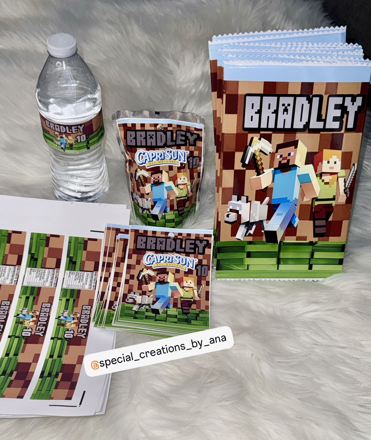 Custom Minecraft themed Chip bags, water bottle labels and Caprisun labels 🥳