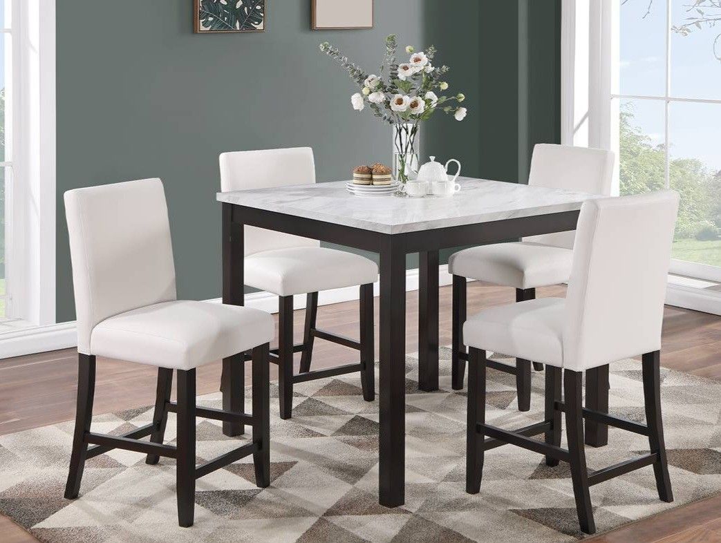 ✅️✅️5 pc dark finish wood white faux marble top square counter height dining table set✅️