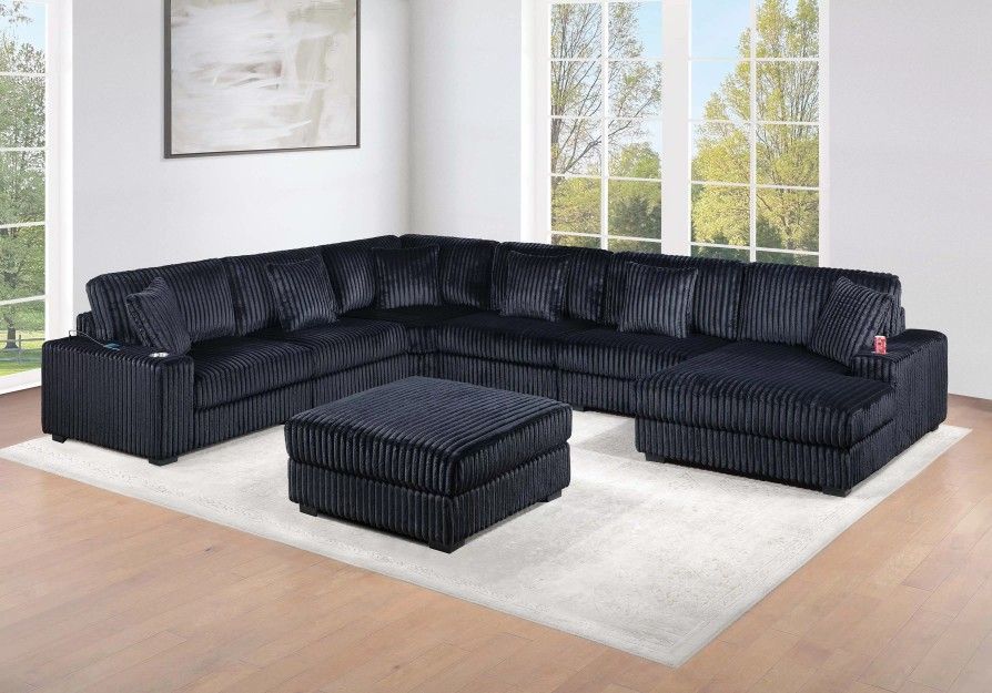 Brand New Black Cordoroy Sectional With Cup Holders And USB + Ottoman 