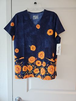 Butter-Soft Stretch Scrub Top Sunflower Print L