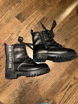 Kids Black Combat Boots with Iridescent Detail Size 12