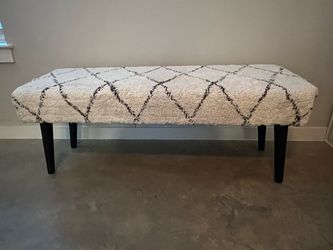 Moroccan-Style Shag Bench, Off-White and Black with Wood Legs