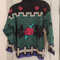 Kitty Hawk Sweater Roses Black Green Tan Size M Medium