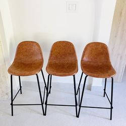 3 Tan Leather 24” seat height Stools 34” Back Height